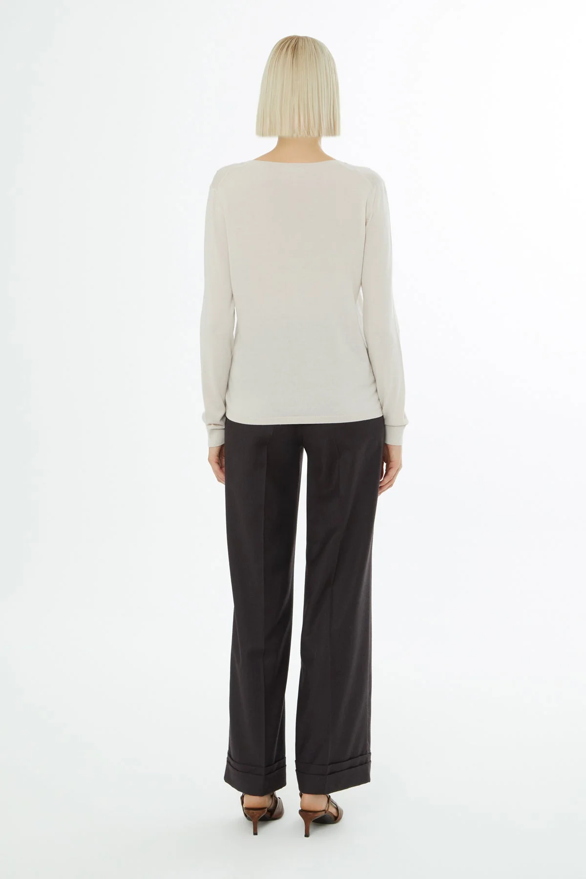 Beige Long-Sleeve V-Neck Blouse - Image 4