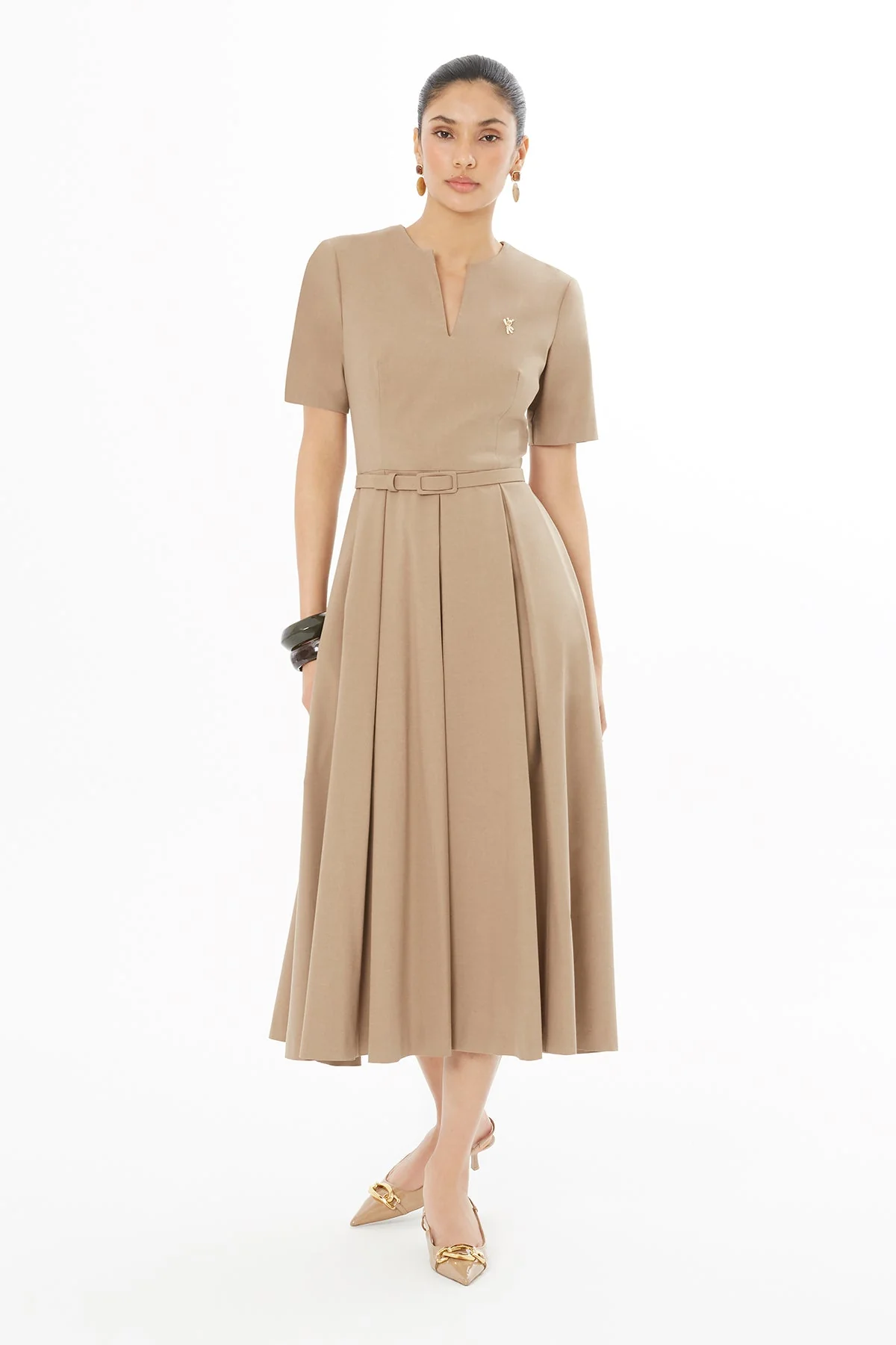 V-Neck Pleated Hem Long Dress