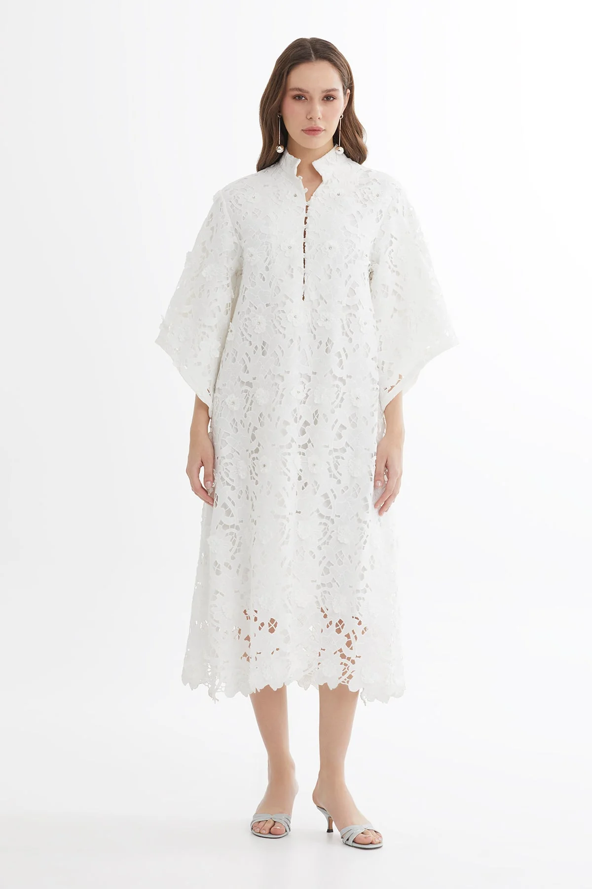White Batwing Sleeve Embroidered Midi Dress