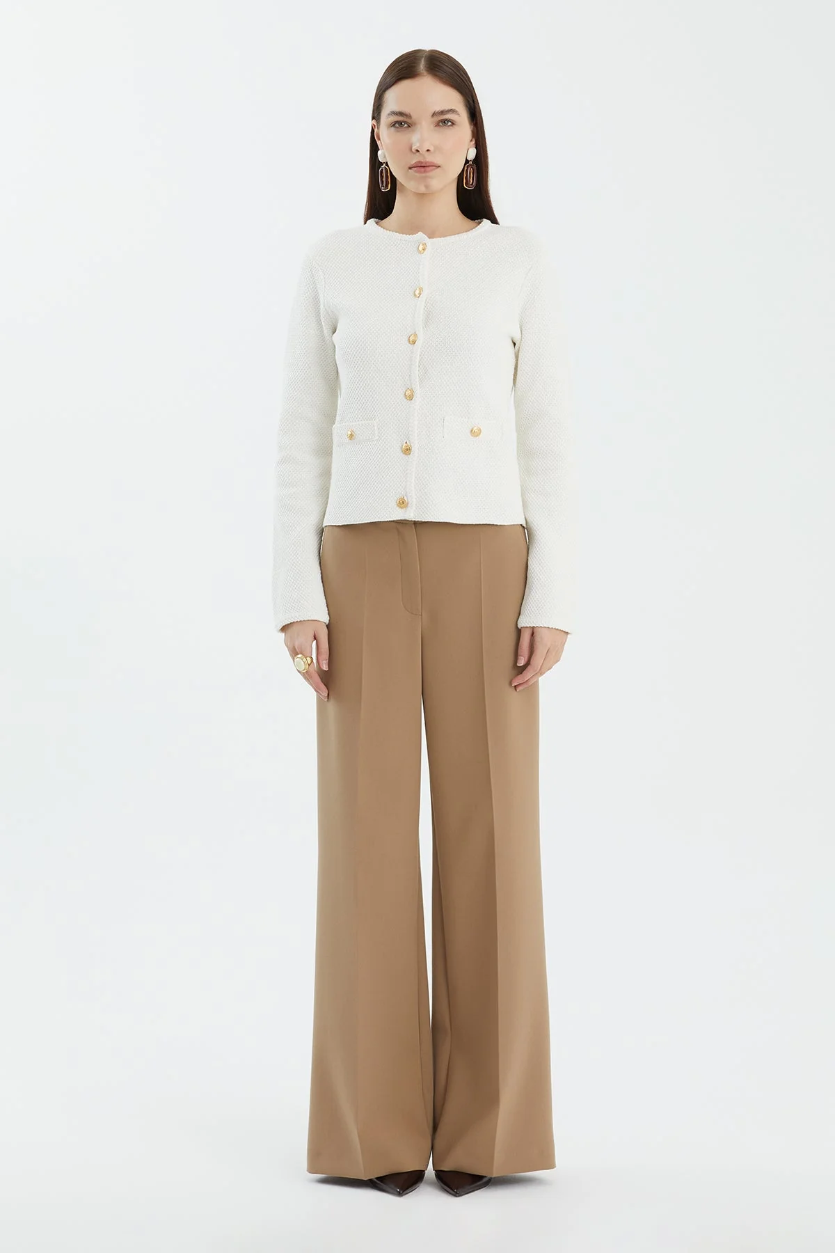 White Buttoned Crew Neck Knit