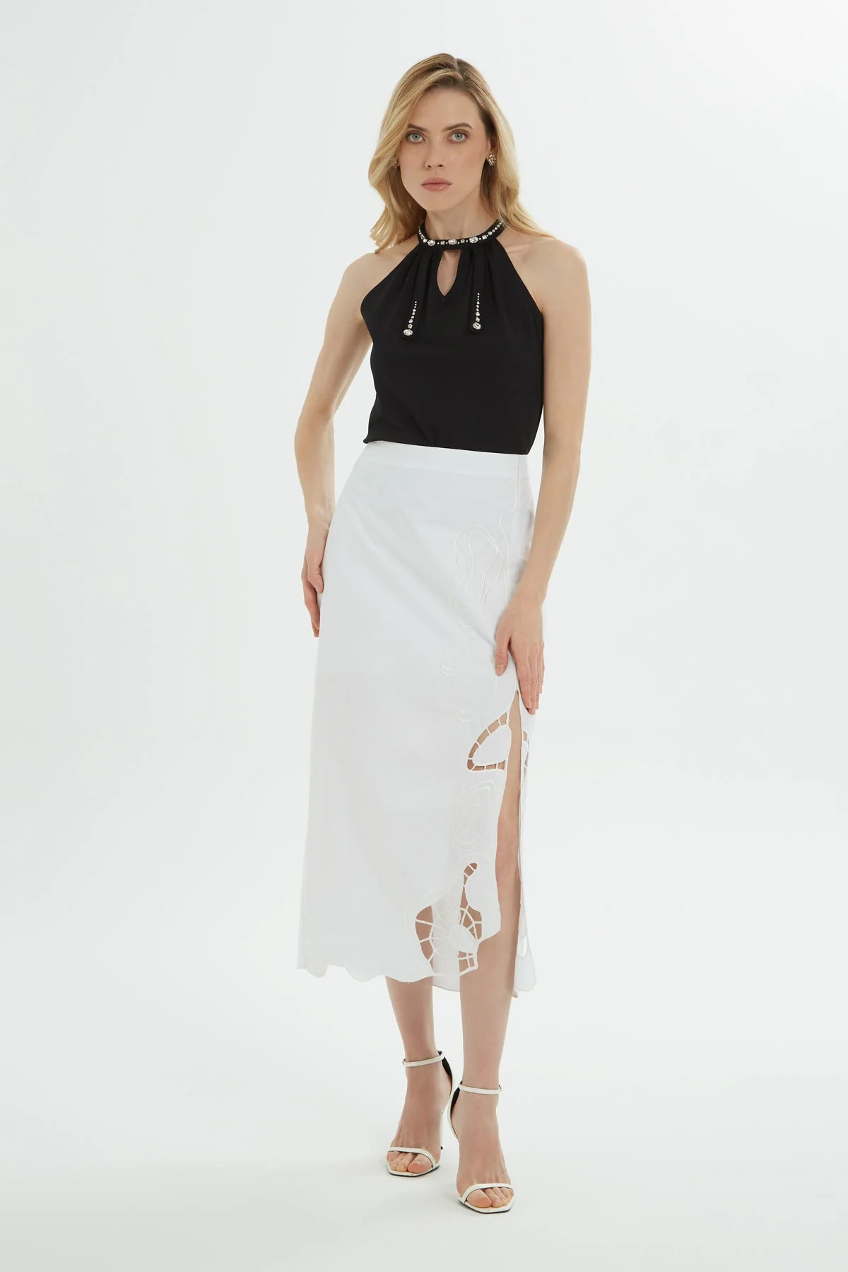 White Embroidered Cotton Midi Skirt