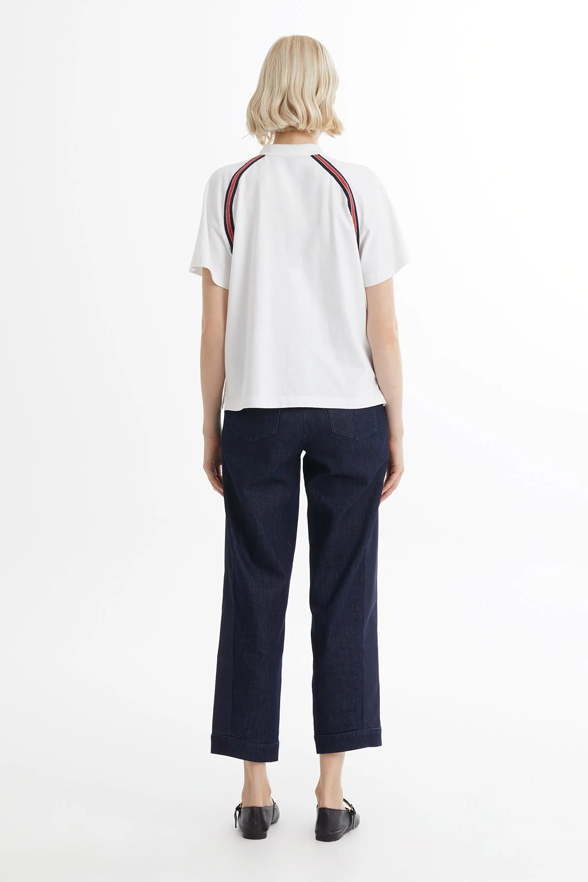 White Knit-Trim Embroidered Zip T-Shirt - Image 4