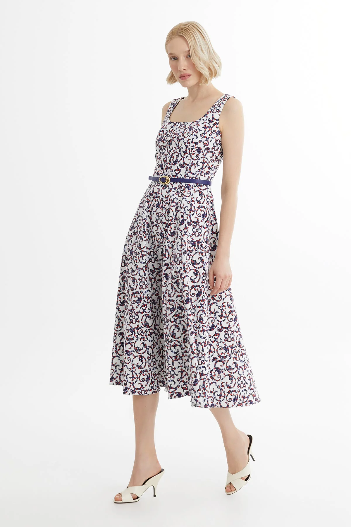 White Leather-Belted Patterned Dress - Image 3