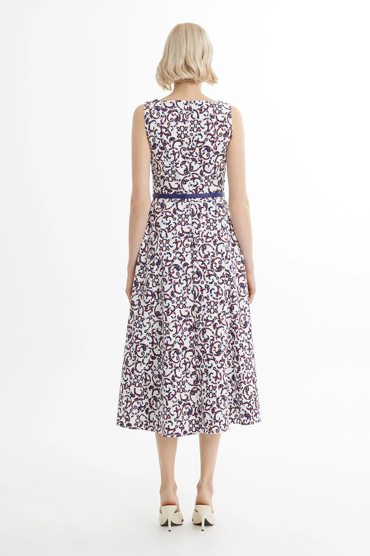 White Leather-Belted Patterned Dress - Image 4