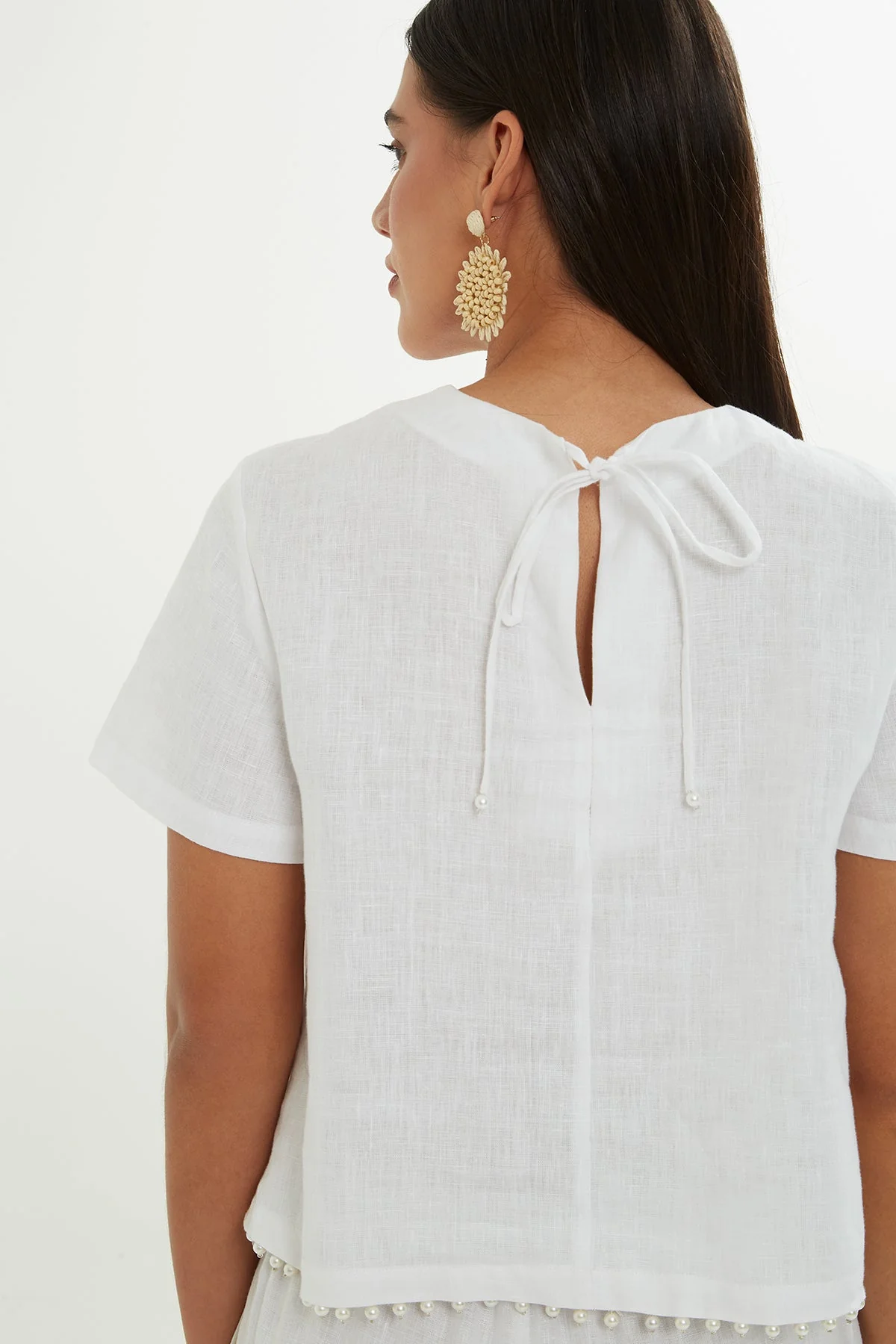 White Linen Blouse with Pearl Detail - Image 4