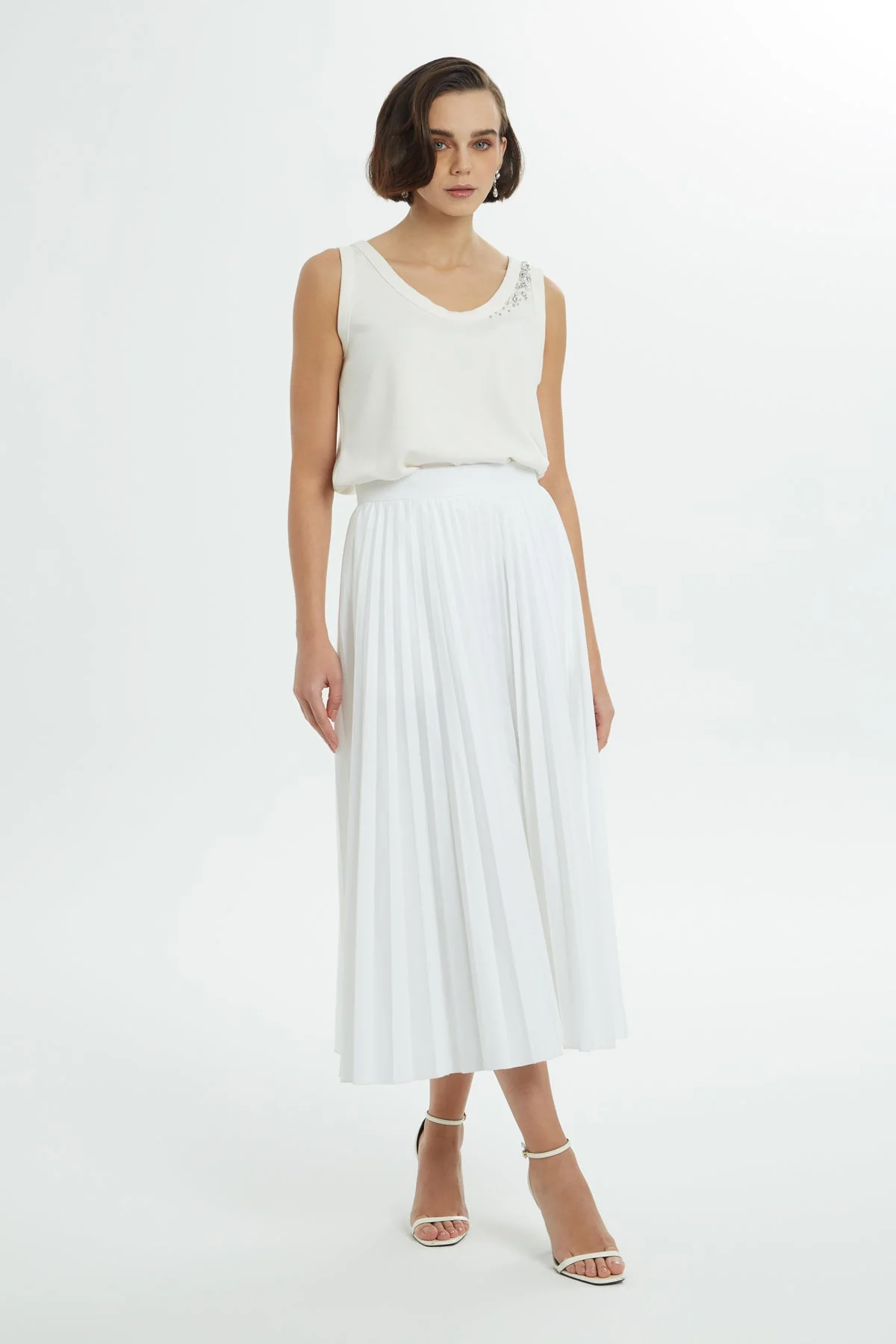 White Pleated Cotton Midi Skirt - Image 3
