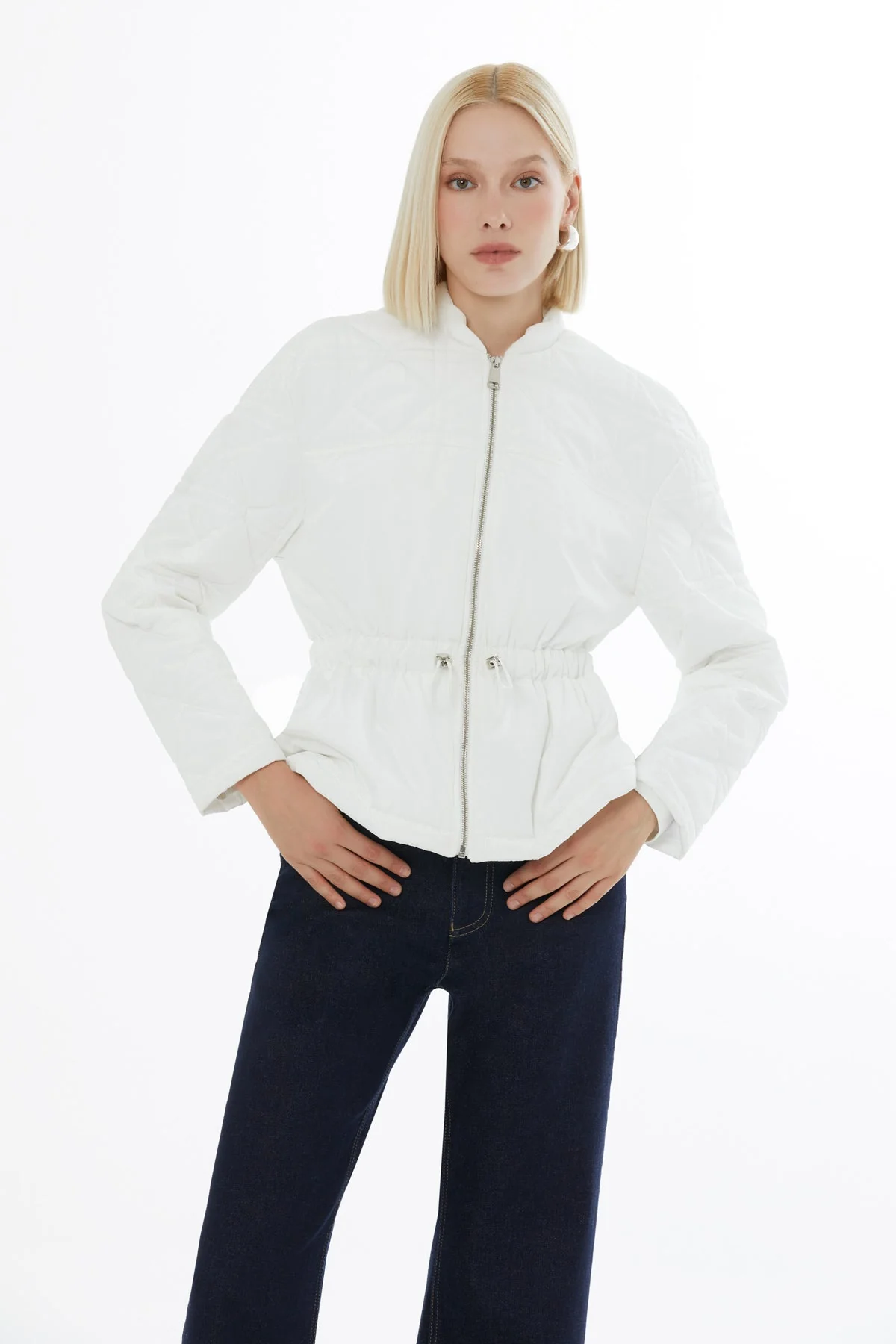 White Quilted Jacket with Elastic Waistband - Image 3