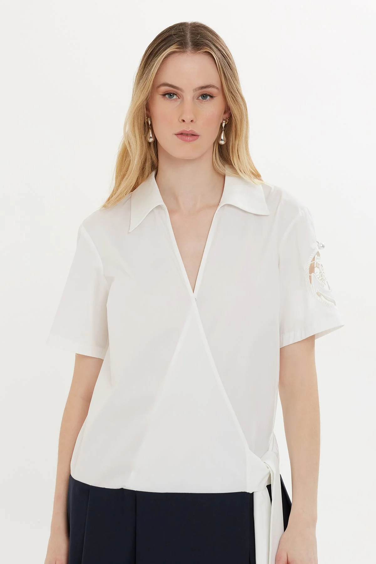 White Short Dress with Embroidered Sleeves - Image 3