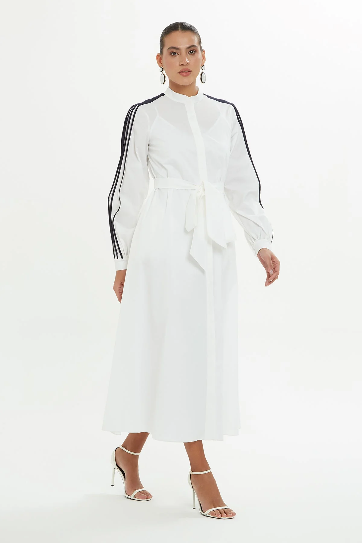 White Stripe Detail Long Dress - Image 3