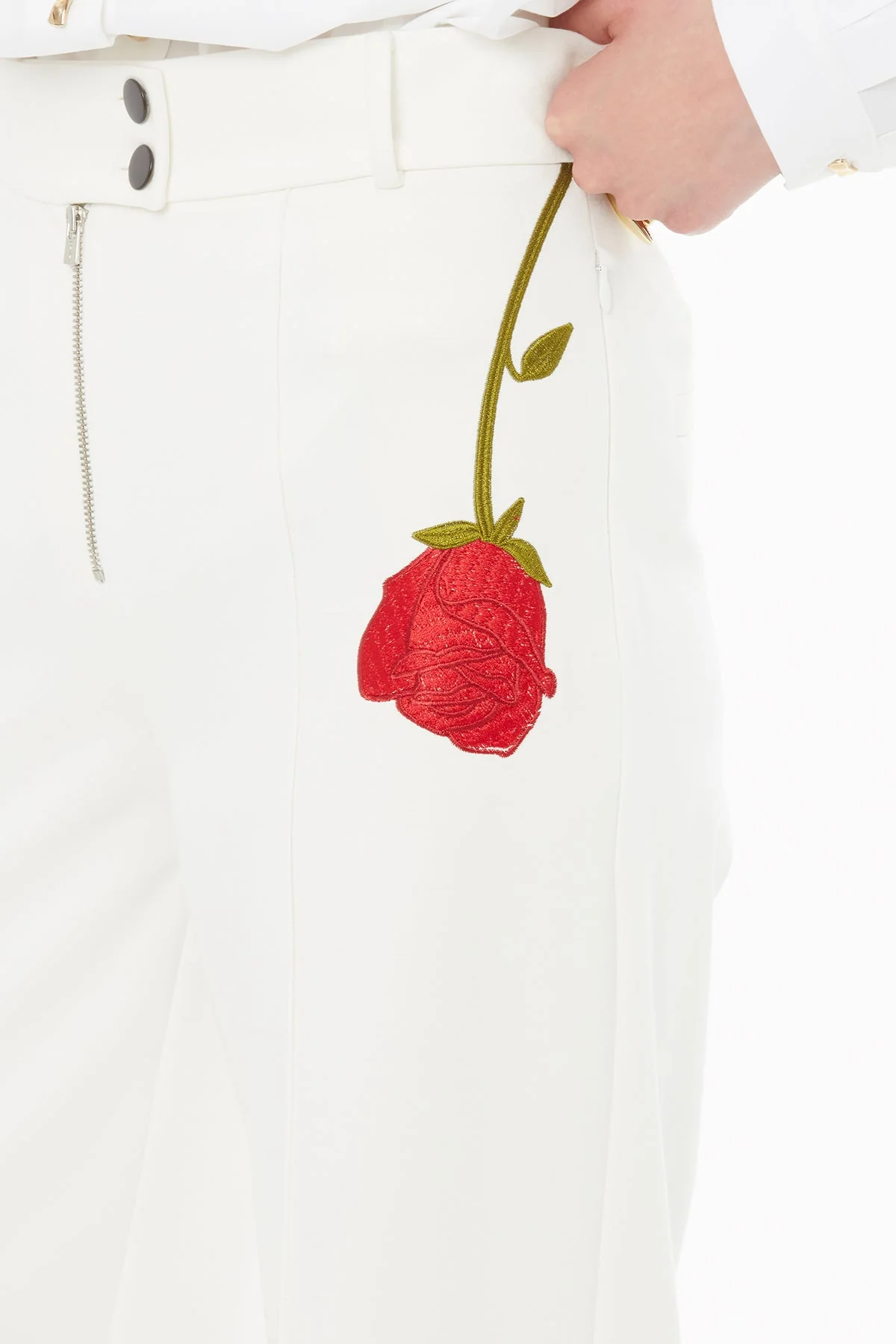 White Trousers with Rose Embroidery - Image 3