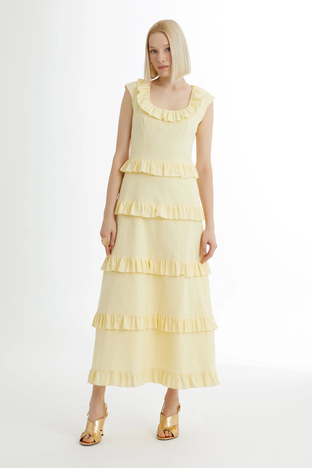 Yellow Ruffled Sleeveless Square-Neck Dress