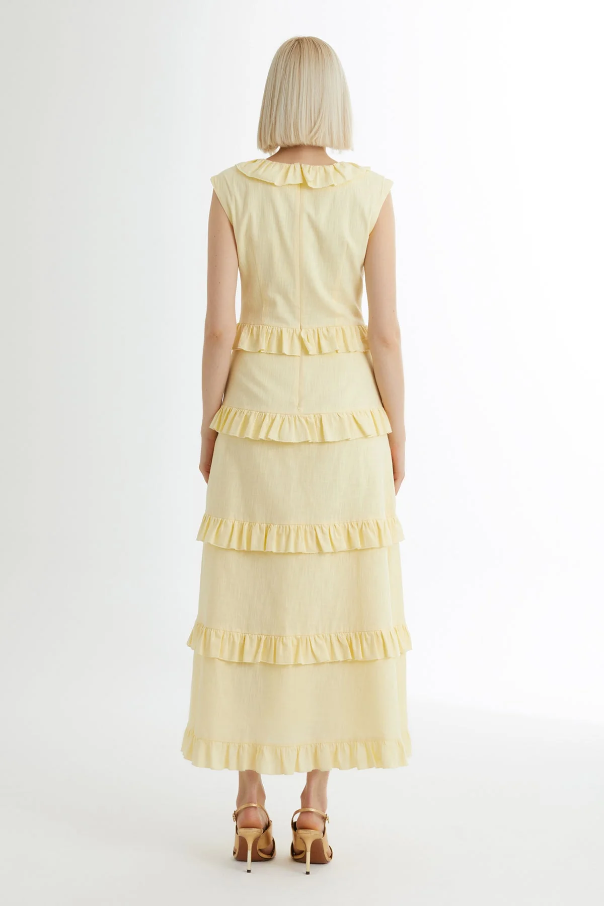 Yellow Ruffled Sleeveless Square-Neck Dress - Image 5